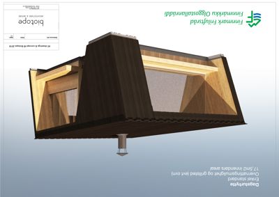3D-visualisering av en dagsturhytte med utsnitt for å vise innvendig oppsett og konstruksjon.