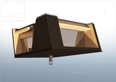 3D-visualisering av en dagsturhytte med utsnitt for å vise innvendig oppsett og konstruksjon.