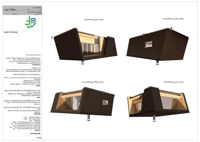 3D-visualiseringer (renderinger) av en liten hytte sett fra fire ulike vinkler (front, back, left, right) med en teknisk spesifikasjonsliste til høyre.