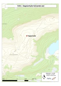 Kart over området Solvarden øst med høydeforhold (konturlinjer) og plassering av en dagsturhytte.