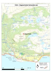 Kart over området med topografi, vann og vegnett, med markert plassering av 'Dagsturhytte Solvarden øst'.
