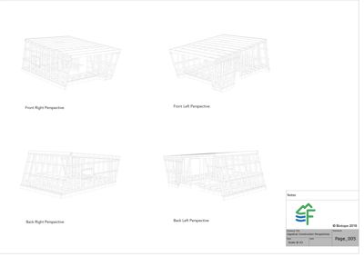 En tegning som viser fire ulike perspektiv (foran/høyre, foran/høyre, bak/høyre, bak/høyre) på en bygning i et skisse- eller wireframe-format.