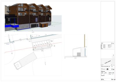 Bildet viser en situasjonsplan med bygningens plassering i forhold til veier og naboeiendom, samt en 3D-visualisering av fasaden.