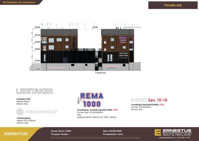 Fasadetegning som viser utseendet på bygningens østfasade med detaljer om skilting og mål.