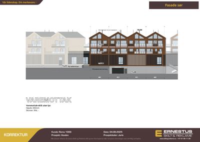 Fasadetegning som viser etasjeplan og mål for en bygning, med merking 'Fasade sør' øverst.