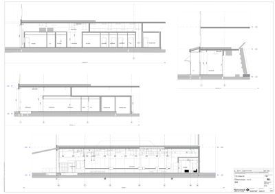 Snittegning som viser tverrsnitt gjennom bygningen med romfordeling, høyder og konstruksjonsdetaljer.