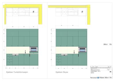 Dette bildet viser en teknisk detaljtegning (skyss) av kjøkkeninnredningen. Det er to varianter vist: 'Kjøkken Turistinformasjon' og 'Kjøkken Skyss'. Tegningen inkluderer mål på skap, plassering av vask, komfyr og andre elementer.
