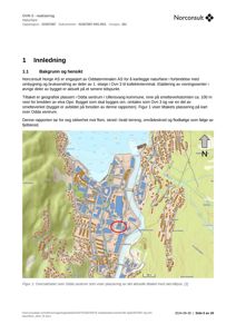 Oversiktskart over Odda sentrum som viser plassering av tiltaket med rød ellipse.