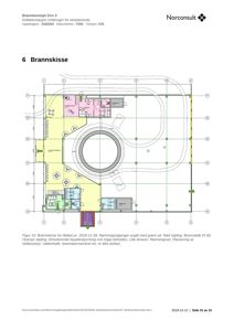 Etasjeplan (brannkisse) som viser romfordeling, utstyr og rømningssoner.