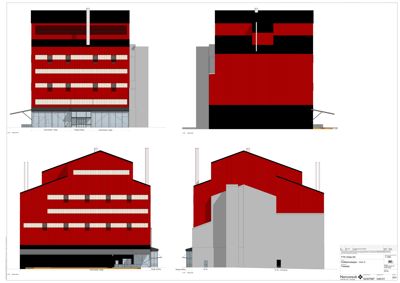 Fasadetegning som viser bygningens utseende fra fire ulike vinkler (front, side, og to perspektiver).