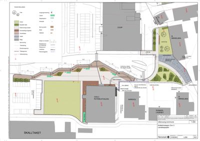 Situasjonsplan som viser tomtens beliggenhet, naboeiendommer (COOP, SKALLTAKET), beplantning, veier og bygninger.