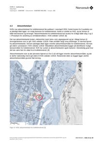 Et aksomsomhetskart (hazard map) som viser et geografisk område med bygningsplasseringer, terrengforhold og en markert fareområde for kvikkleireskred.