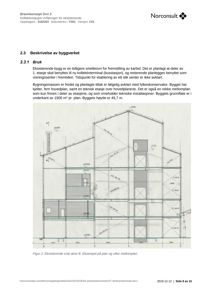 Tegning som viser et tverrsnitt (snitt) gjennom en eksisterende bygning, med angivelse av høyder og romfordeling.