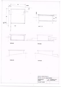 Bildet viser en tegning med oppriss av bygningens fasader (Sør, Øst, Nord, Vest) samt et snitt (Snitt B-B) og en plan. Dette er typisk for en fasadetekning.