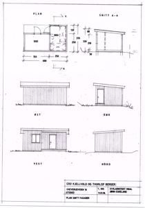 Bildet viser en tegning med både et etasjeplan (PLAN) og fasadetegninger (ØST, SØR, VEST, NØRD) for en bygning.