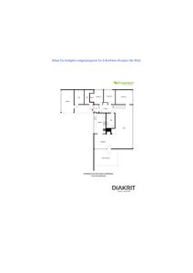 Etasjeplan som viser romfordeling med inngang, stue, kjøkken, bad og soverom.