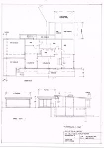Snittegning (oppniss) som viser tverrsnittet av en bygning, inkludert romfordeling og grunnarbeider.