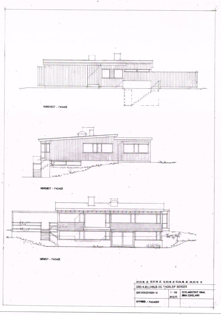 Bildet viser tre fasadetegninger av en bygning sett fra ulike vinkler (Nordvest, Nordøst, Sørøst).