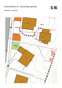 Situasjonsplan som viser plassering av en garasje i forhold til naboeiendommer og terrenget.