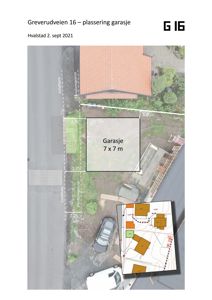 Situasjonsplan som viser plassering av en garasje på tomten til Greverudveien 16, med angitte mål og grenser.