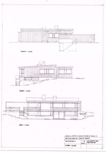 Bildet viser tre fasadetegninger av en bygning sett fra henholdsvis nordvest, nordøst og sørøst.