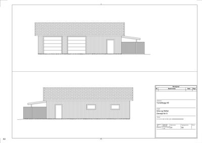 Fasadetegning som viser bygningens utseende fra fronten, inkludert takform, vinduer og dører.