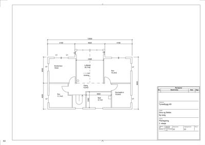 Plantegning av 2. etasje i en ny bolig, som viser romfordeling, arealer og dimensjoner.