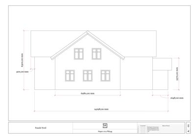 Fasadetegning (opprikk) av en bygning sett fra nord, med angitte mål og vindusoppsett.