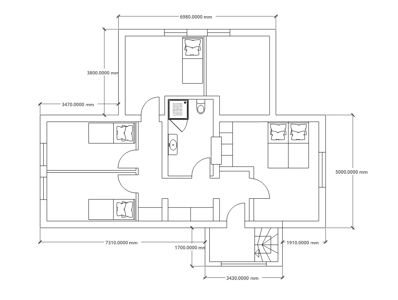 Etasjeplan med romfordeling, dimensjoner og møblering.