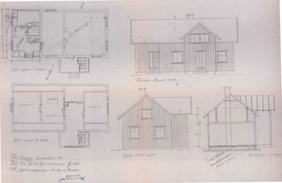 Bildet viser en tegning med etasjeplaner (Grimmplan 1. og 2. etasje) og fasadeopprikk for en bygning.