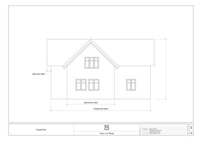Fasadetegning (opprikk) av en bygning sett fra øst, med angitte mål på fasadens bredde og høyde.