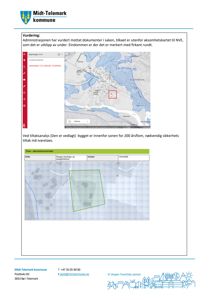 Et dokument fra Midt-Telemark kommune som viser to kartutsnitt. Det øverste er et kart fra NVE som viser en eiendom (merket med rødt) i forhold til akviferer (blått). Det nedre er en 'Frem - akviferhastighetskart' som viser eiendommen (grønt) i forhold til vannføringen.