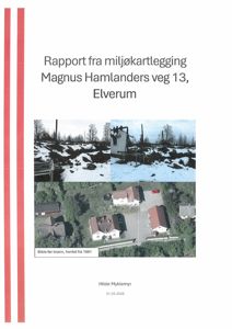Dokumentets forsiden med tittelen 'Rapport fra miljøkartlegging', en adresse, to fotografier (ett av brann og et flyfoto), samt navn og dato.