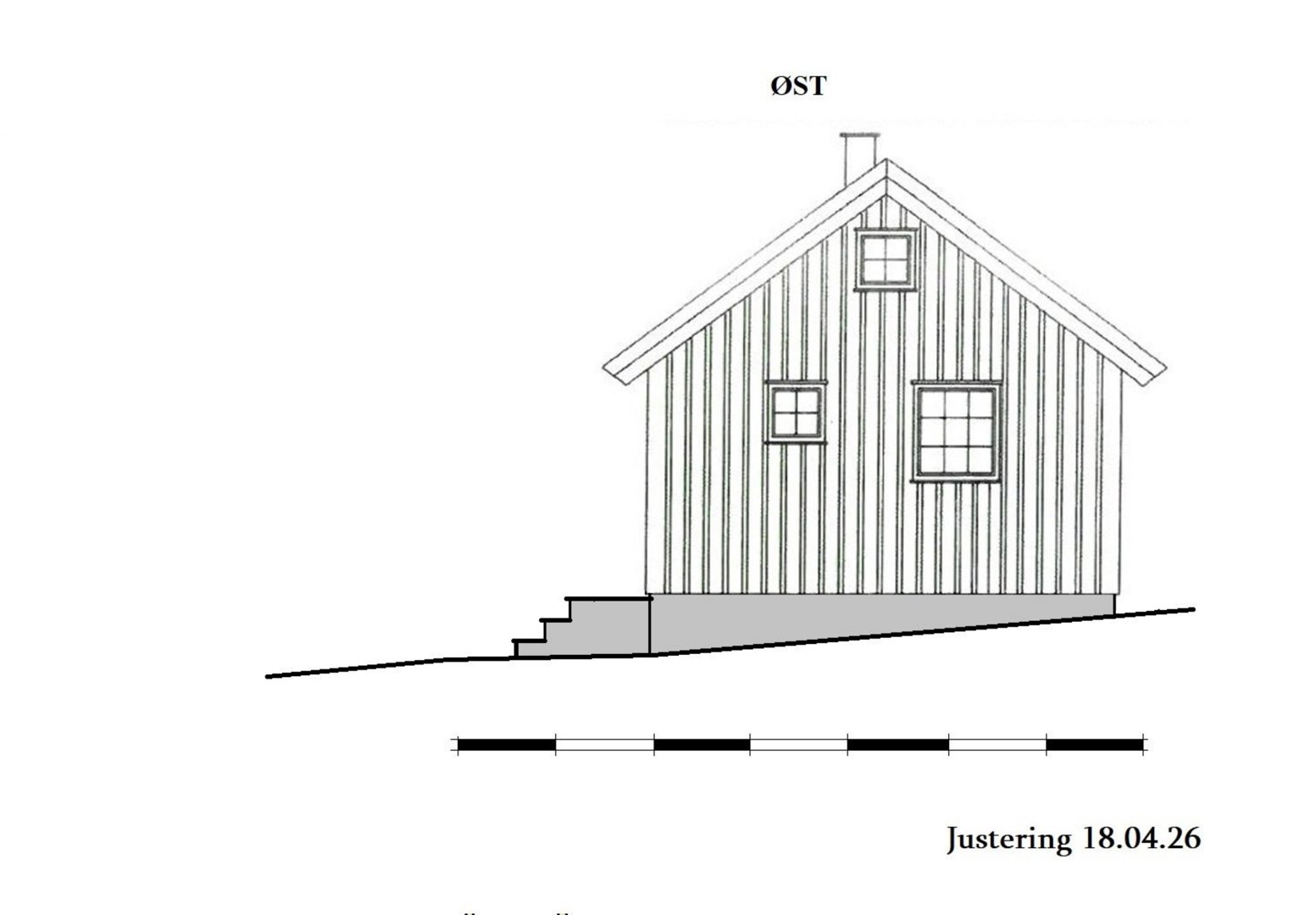 Fasadetegning av en bygning sett fra øst (ØST), med visning av tak, vinduer, veggmønster og terrassering.
