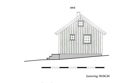 Fasadetegning av en bygning sett fra øst (ØST), med visning av tak, vinduer, veggmønster og terrassering.