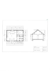 Bildet viser en tegning med etasjeplan (plan) og et tverrsnitt (snitt) av en bygning, med romfordeling og mål.