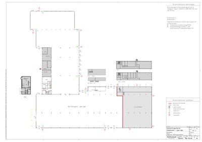 Etasjeplan (Brannplan) som viser romfordeling, brannvesen og utstyr for et bygg.