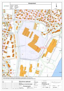 Situasjonsplan som viser eiendomsgrunn, naboeiendommer, veier og bebyggelse i området.
