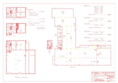 En tegning som viser romfordeling og etasjer for en bygning, med detaljerte planer for ulike perioder (1976, 1982, 1986, 1993, 1995) og arealopplysninger.
