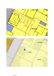 Bildet viser to kartlag: øverst en situasjonskart med detaljerte mål og bygningsspor, og nederst et utsnitt fra kommunedelplanen som viser eiendomsnummer og arealplaner.