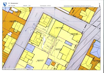 Situasjonsplan som viser tomtene, bygninger og veier i et område med gatene Storgata, Bygningsgata og Vestlindgata.