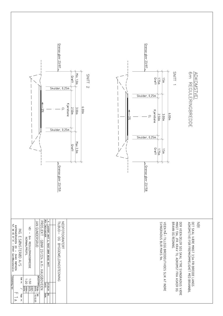 Snittegning (ADKOMSTVEI) som viser tverrsnittet av en vei med angitte dimensjoner for skulder, kjøreflate og gjerde.