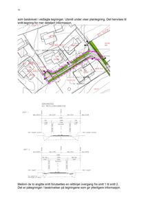 Bildet viser to snittegninger (SNITT 1 og SNITT 2) av en vei eller gangvei med angitte mål og konstruksjonsdetaljer.