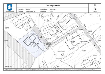 Situasjonskart som viser eiendomsnummer, bygningsspor og nabolag i Haugboveien 8A.