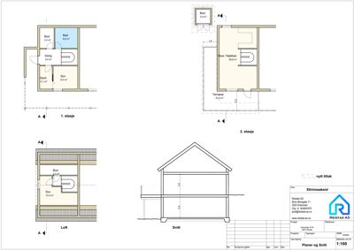 Bildet viser etasjeplaner (1. etasje, 2. etasje og loft) samt en snittegning for en bolig.