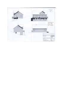 Fasadetegning som viser bygningens utsyn fra fire ulike vinkler (for-, bak-, venstre- og høyreside).