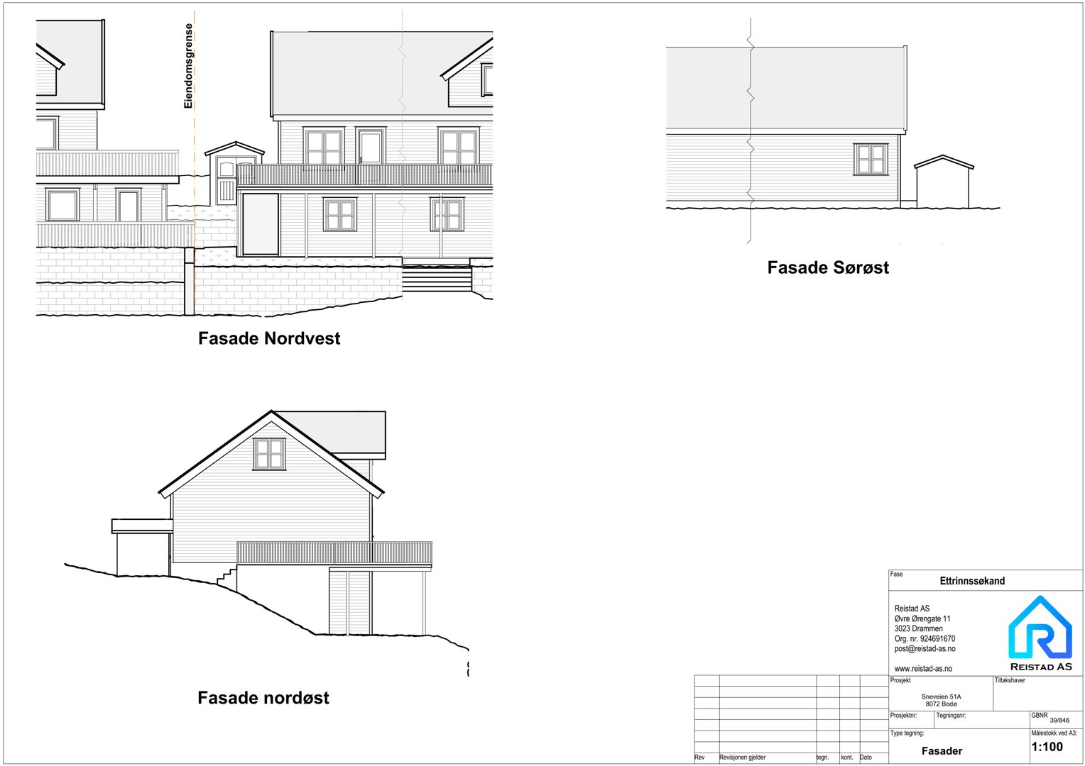 Fasadetegning som viser bygningens utsyn fra fire sider: Nordvest, Sørøst, nordøst og en generell fasadevisning.