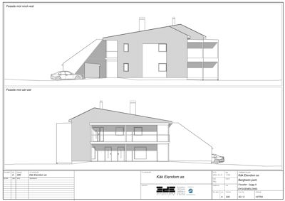 Bildet viser to fasadetegninger av en bolig, en sett mot nord-vest og en sett mot sør-øst.