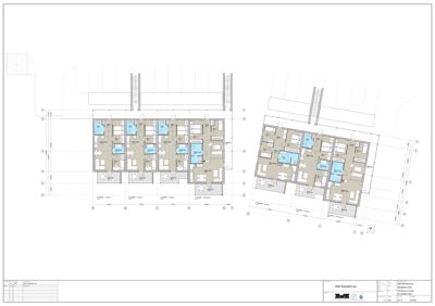 Etasjeplan som viser romfordeling, veggposisjon og møblering for flere leiligheter.