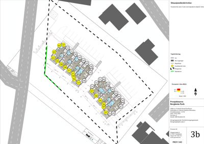 Situasjonsplan som viser tomt, bygningssilhuetter, veier og naboeiendommer.